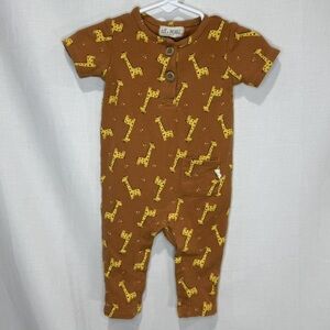 Kit & Pearl Baby One Piece 3-6m Brown Rust Giraffe Print Ribbed Henley Cozy